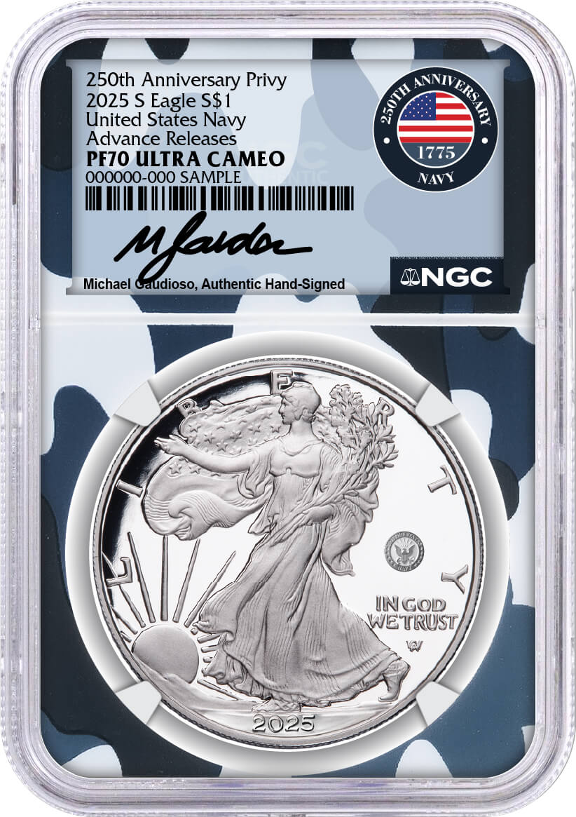 2025 S Silver Eagle 250th Anniv U.S. Navy Privy NGC PF70 UCAM