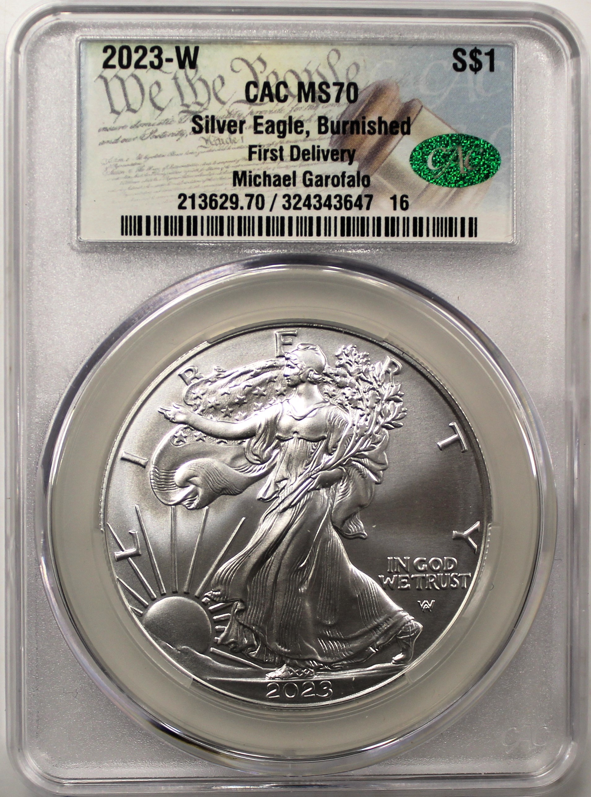 2023 W $1 Burnished Silver Eagle CAC MS70 First Delivery