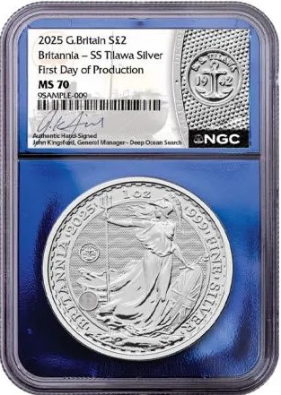 2025 1oz Silver Britannia - SS Tilawa Privy NGC MS70 First Day of